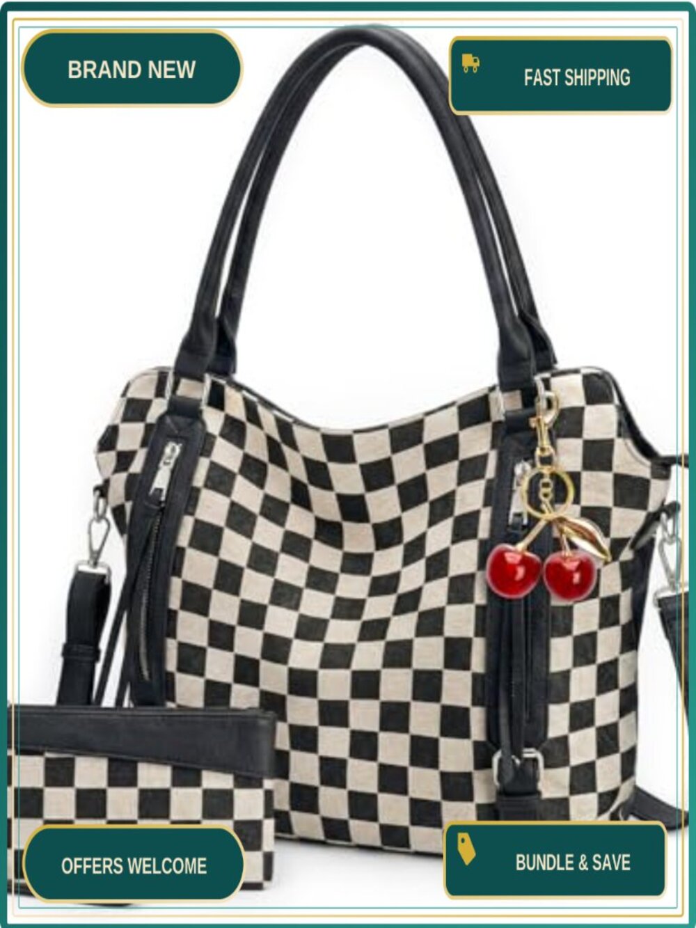 Faux Leather Canvas Checkered Crossbody Bag with Wallet Cherry Charm Satchel
